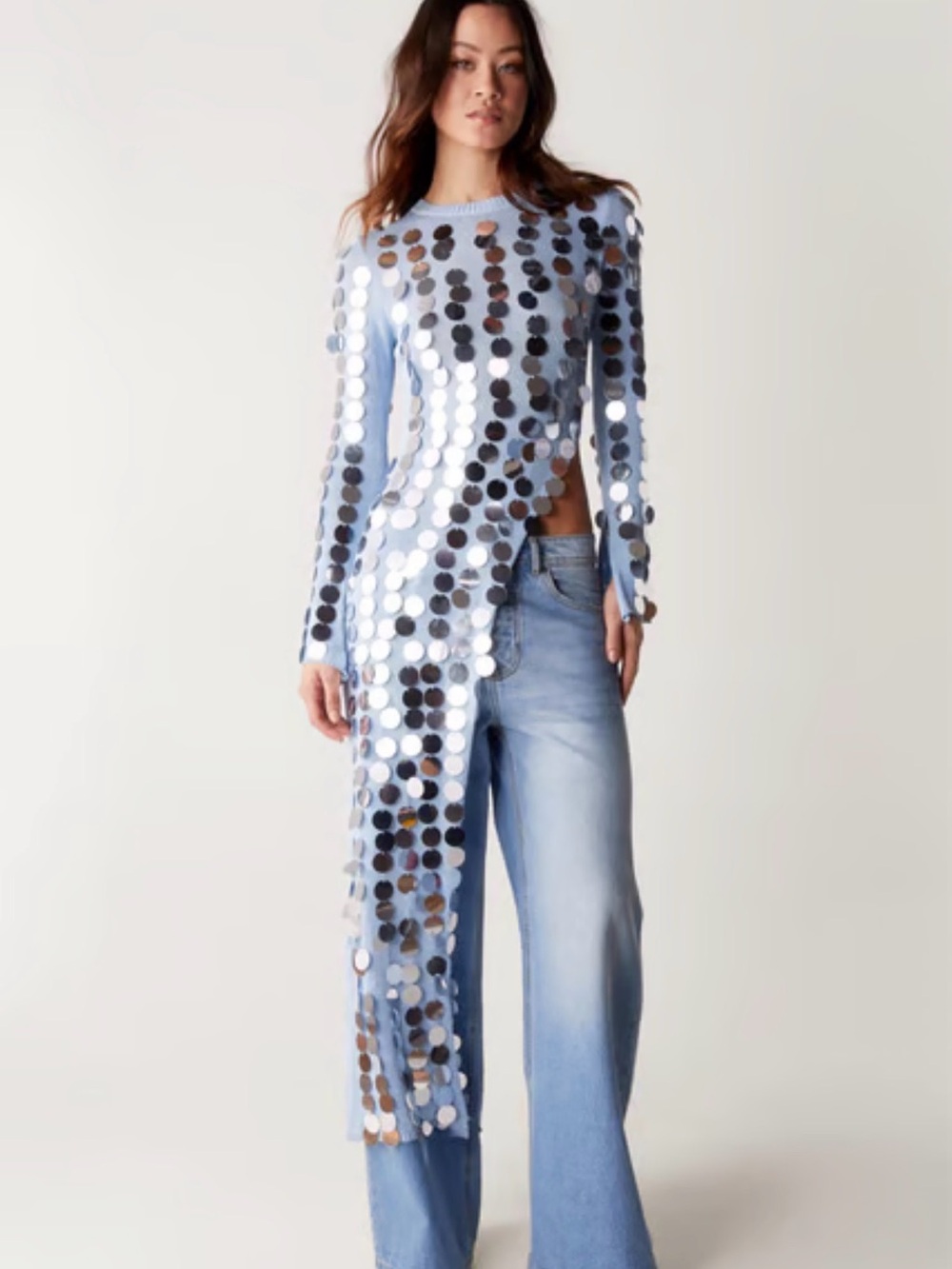 Nasty Gal Light Blue Sequin Long Sleeve Asymmetric Top